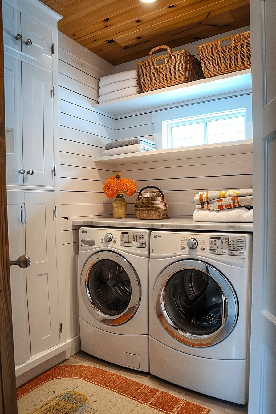 A cozy laundry room with modern washer and dryer, wooden ceiling, white cabinetry, and neatly folded towels on a shelf.