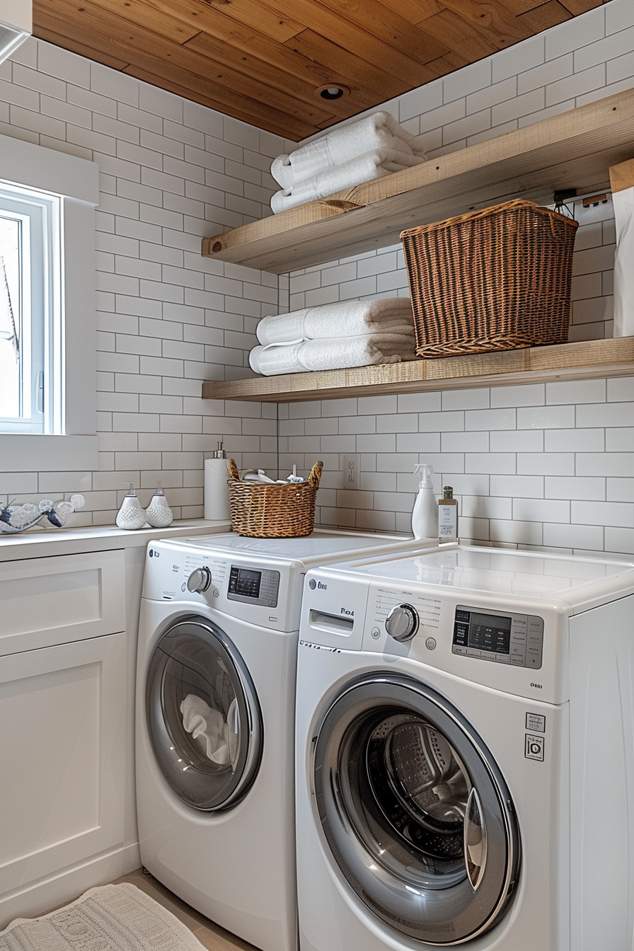 Modern laundry room with white machines, wooden shelves stocked with towels and wicker baskets, with a tiled backsplash.
