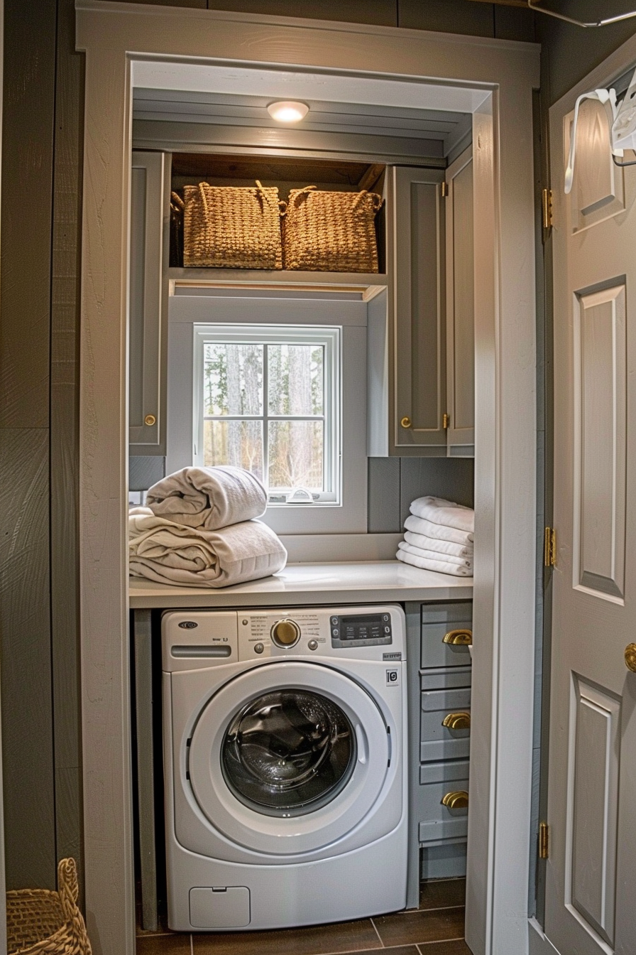 Space-efficient laundry nook with stacked washer and dryer, built-in shelves, and a window.