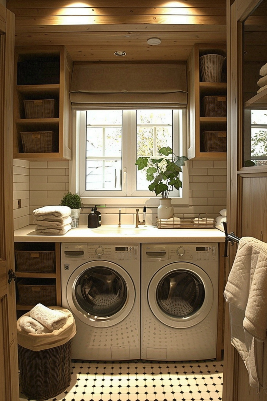 Cozy laundry room with a wooden finish, featuring a washer, dryer, shelves with baskets, and a window with a view of trees.