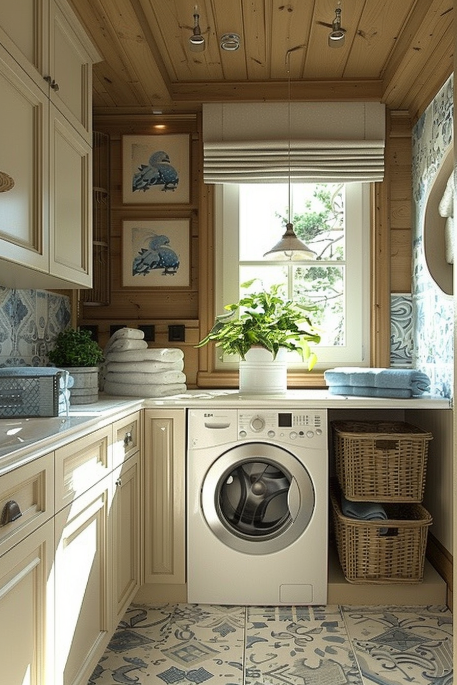 A cozy laundry room with wooden cabinets, patterned tiles, a washing machine, and green plants on a sunny day.