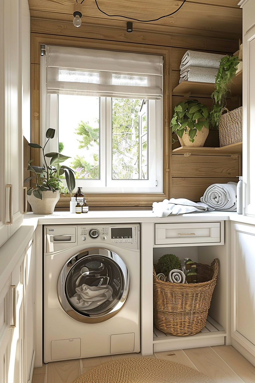 A cozy laundry nook featuring a front-loading washer, built-in shelves with plants and towels, and a bright window with a wooden frame.