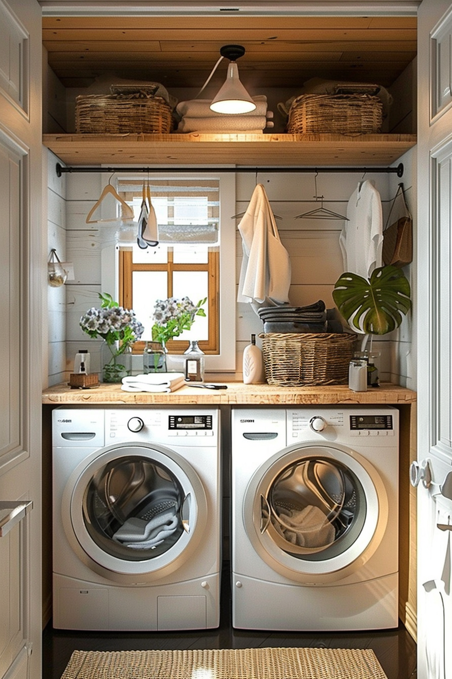 Cozy laundry nook with modern washing and drying machines, wooden countertops, woven baskets, and plants by a window.