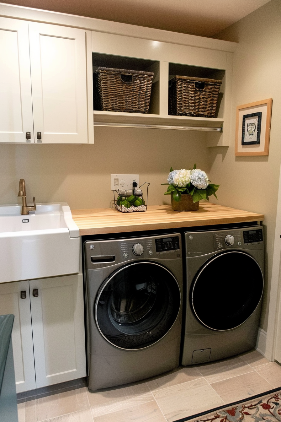 Modern laundry room with a white farmhouse sink, front-loading washer and dryer, wooden countertop, and upper cabinets with baskets.