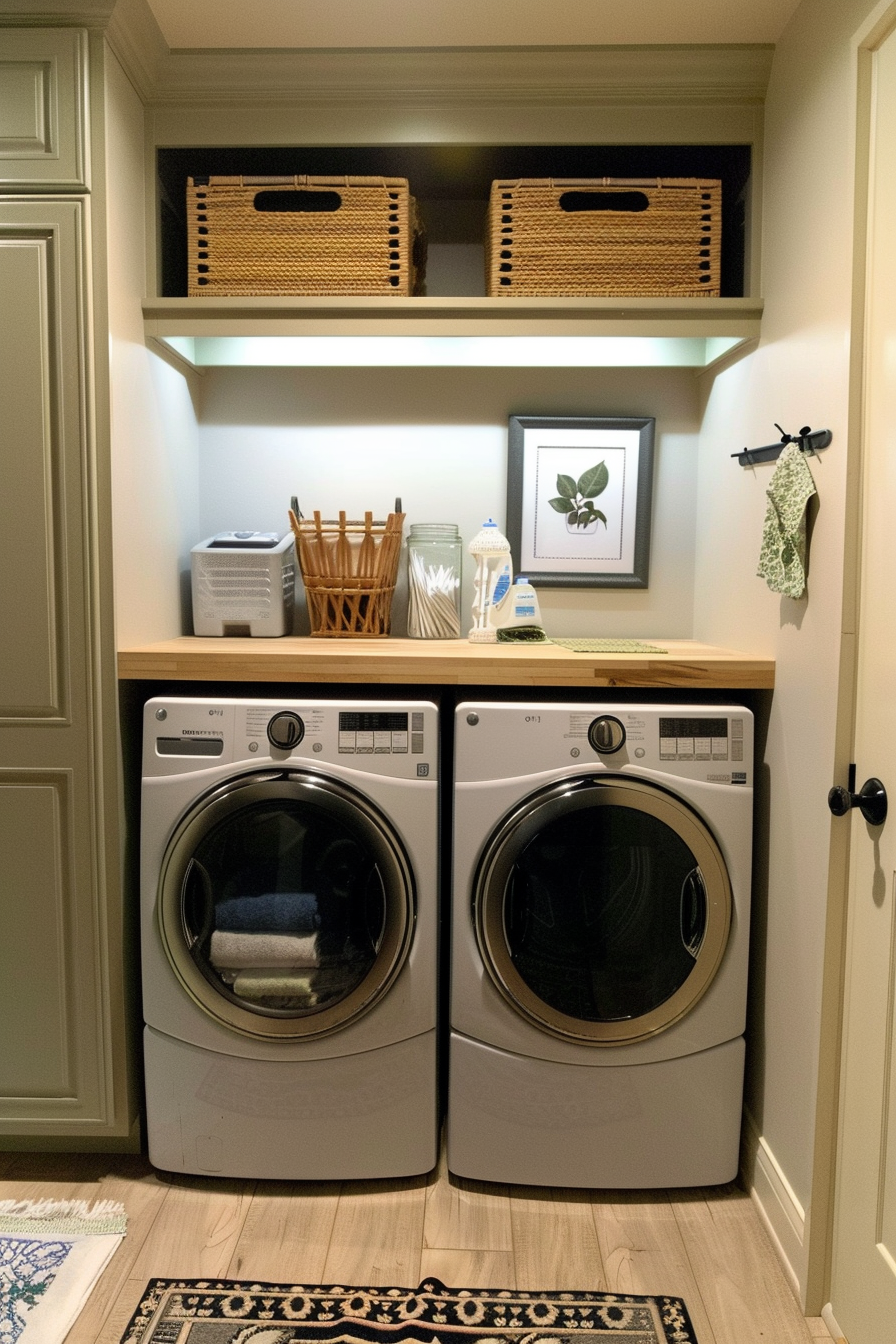 A cozy laundry room with a washer and dryer set under a wooden countertop, framed artwork on the wall, and storage baskets on shelves above.
