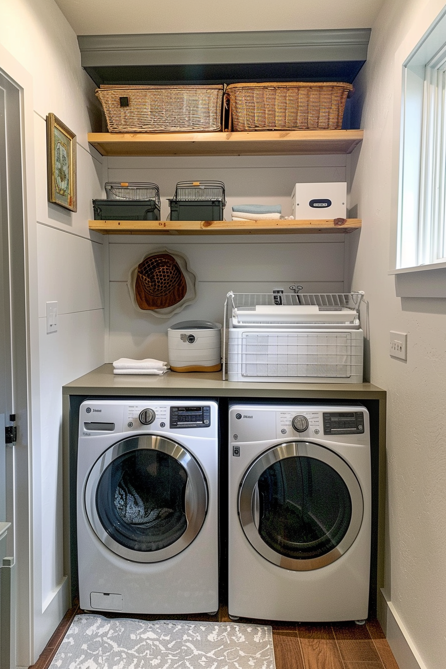 A neatly organized laundry room with a washer and dryer, shelves above, and various storage baskets.