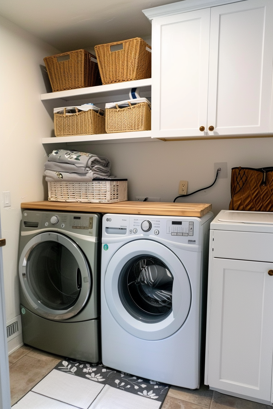 Modern home laundry room with a washer and dryer, white cabinetry, and wicker baskets on shelves.