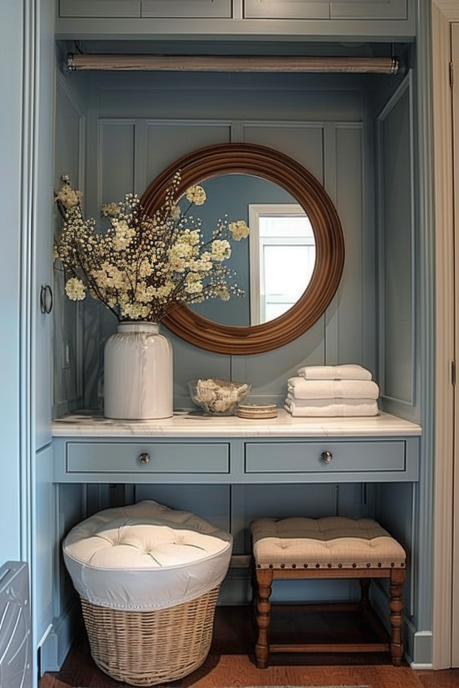 Elegant bathroom nook with a round mirror, vase of white flowers, folded towels, and cozy seating underneath a built-in shelf.