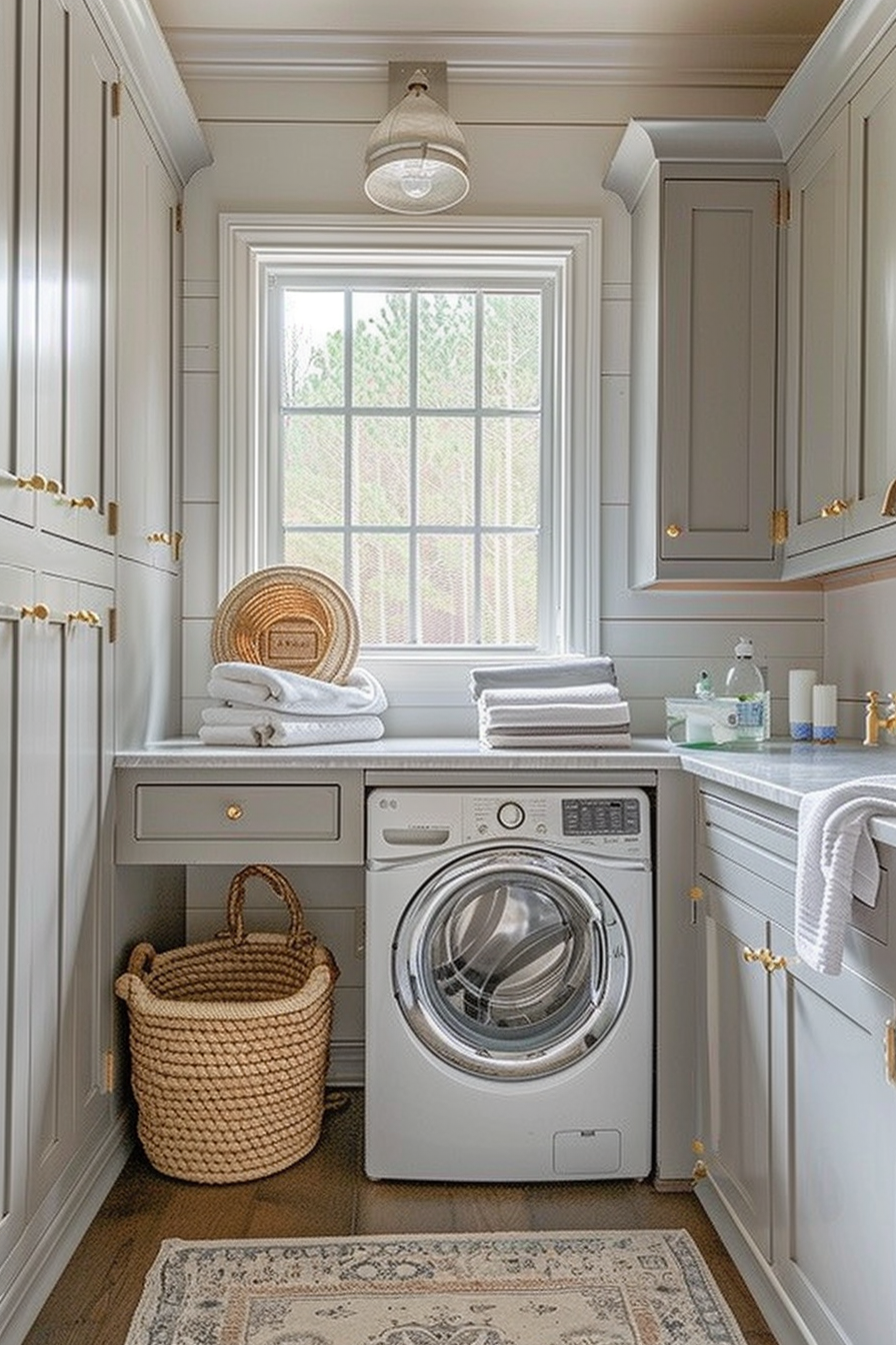 Elegant laundry room with grey cabinets, front-loading washer, woven baskets, and a window.