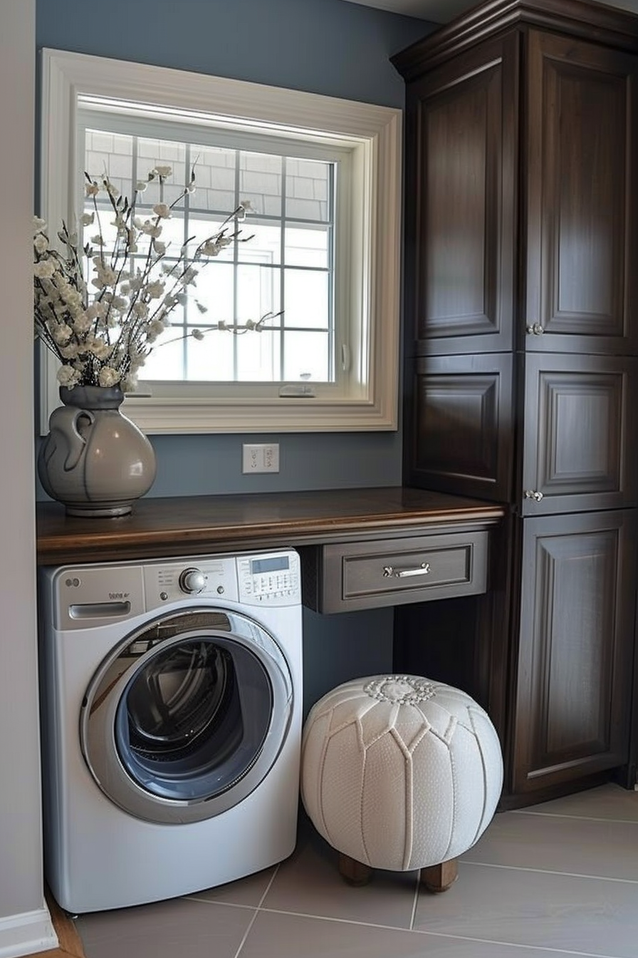 A stylish laundry room with a front-loading washer, dark wood cabinetry, a cozy white ottoman, and a vase of flowers by the window.