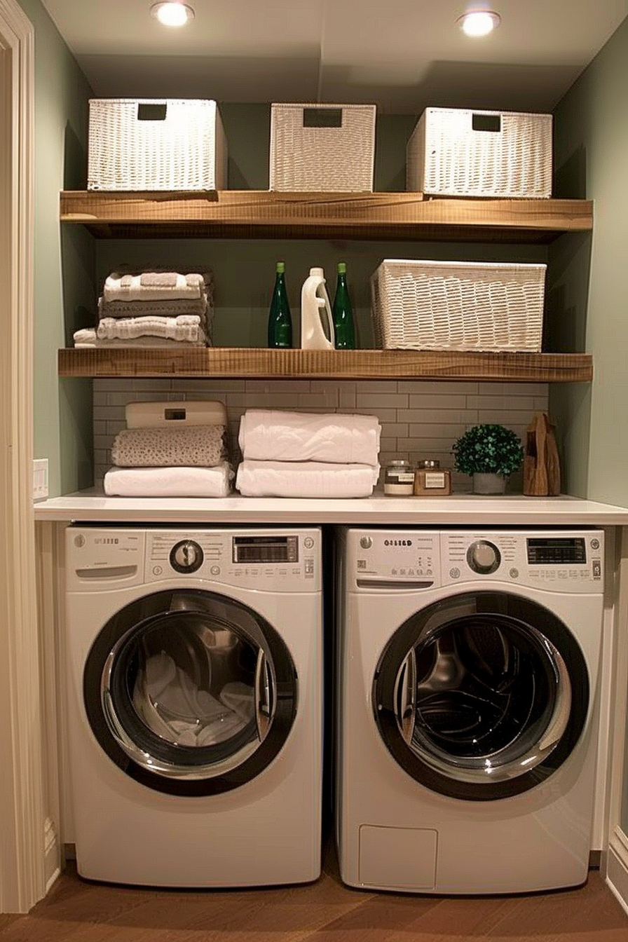 Neatly organized laundry room with front-loading washer and dryer, wooden shelves with baskets, and folded towels.
