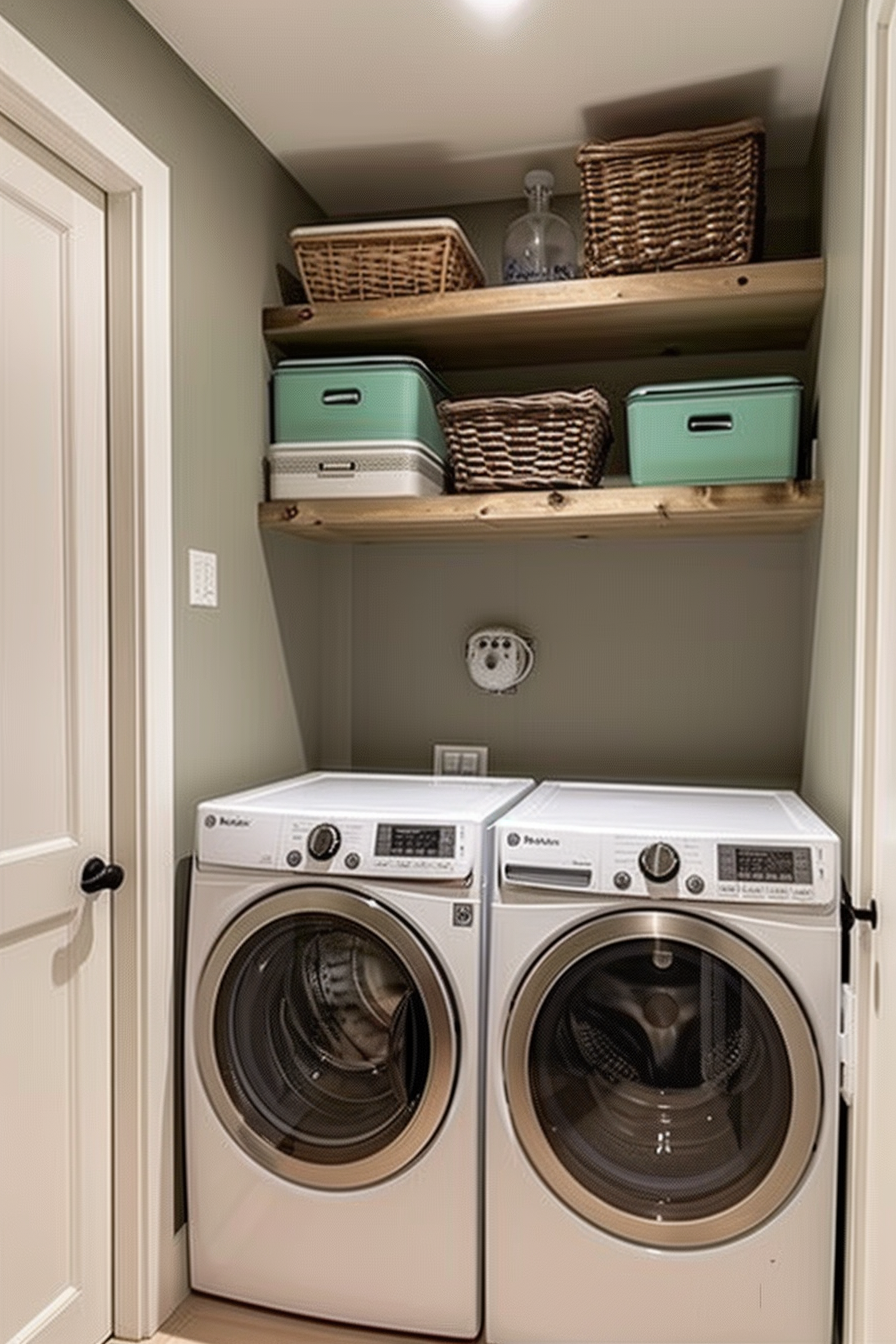 A tidy laundry room with a modern washer and dryer set, and wooden shelves above holding baskets and storage boxes.