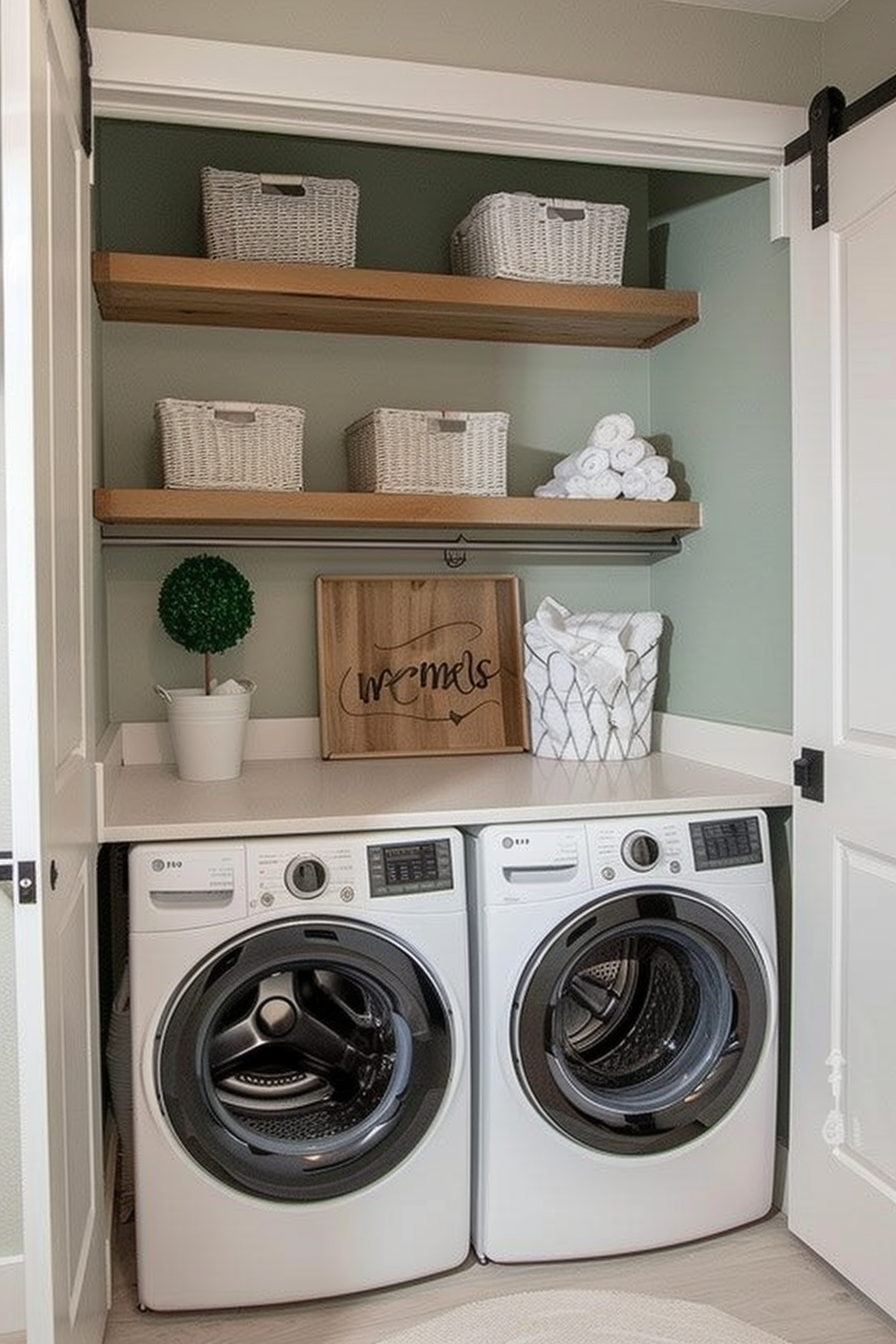 Modern laundry room interior with front-loading washer and dryer, wooden shelves with woven baskets, and decorative items.
