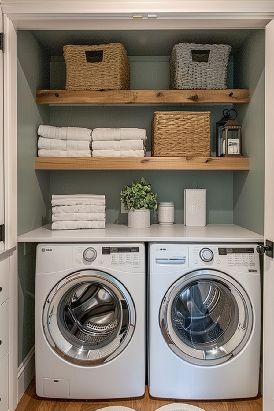 A neatly organized laundry room with a washer and dryer, wooden shelves, baskets, towels, and decorative plants.