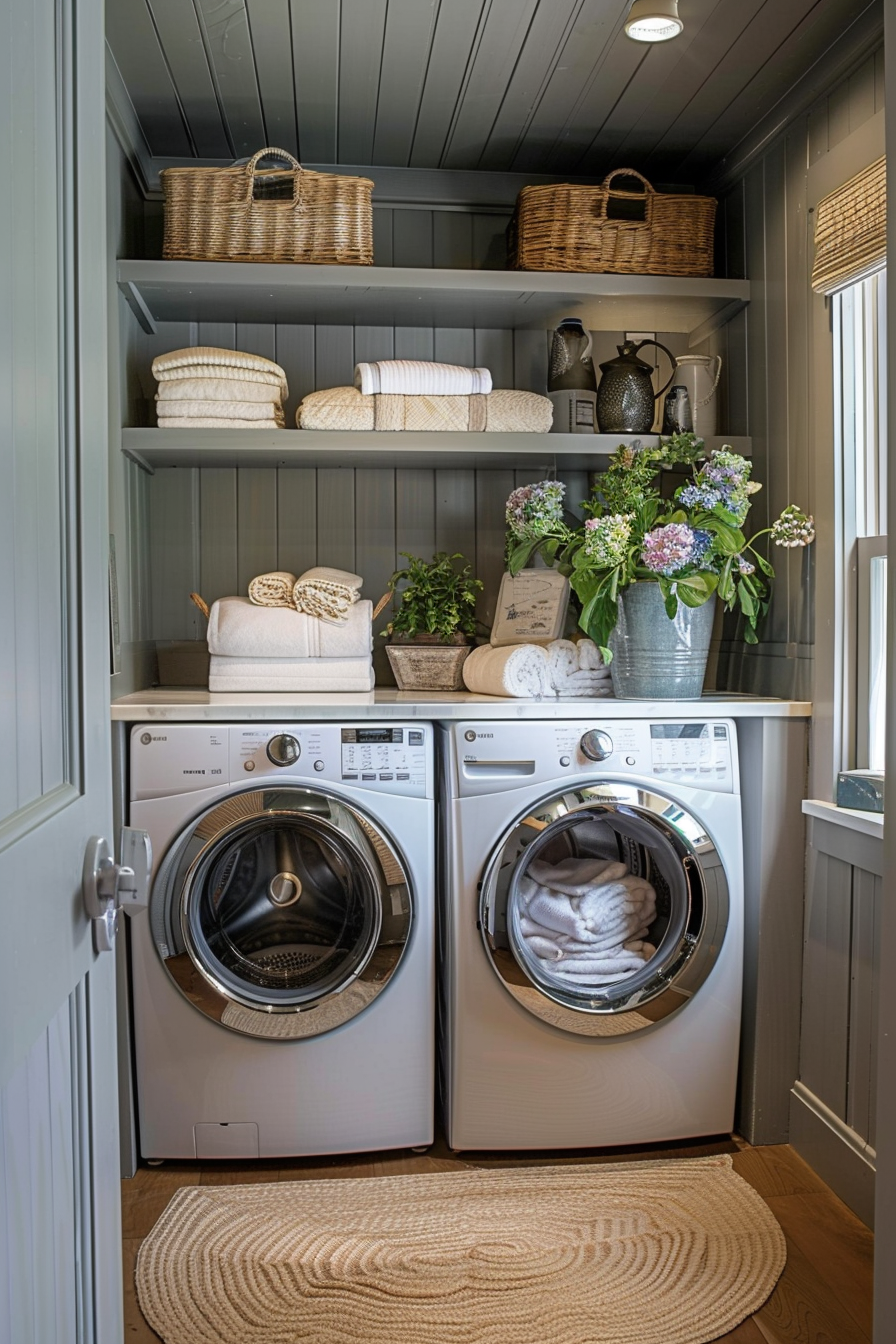 Elegant laundry room with stacked shelves, wicker baskets, fresh flowers, and modern washer and dryer.