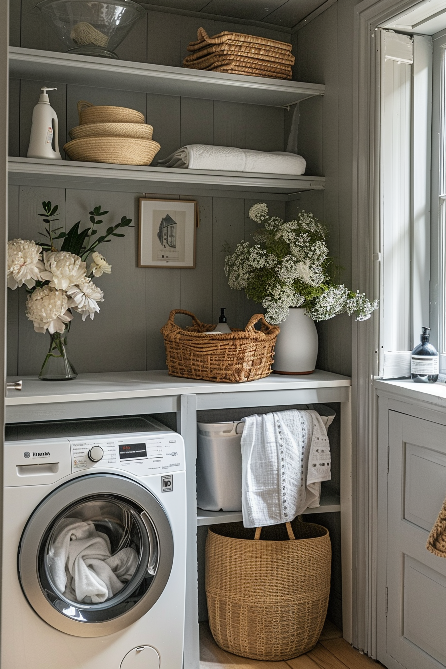 A cozy laundry room with a washing machine, wicker baskets, fresh flowers, and neatly organized shelves.