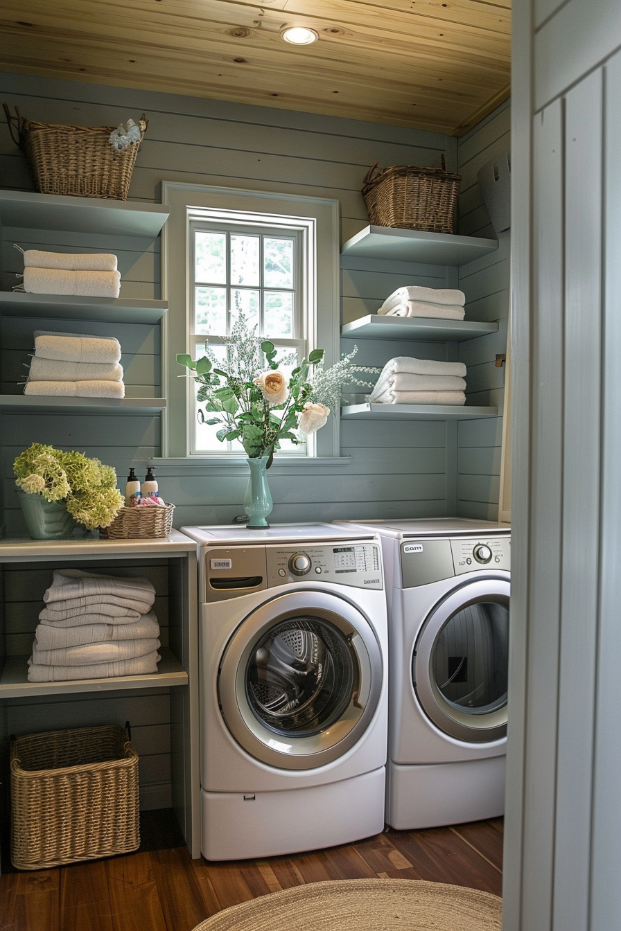 A cozy laundry room with a wooden ceiling, built-in shelves with towels, a vase of flowers, and modern washing appliances.