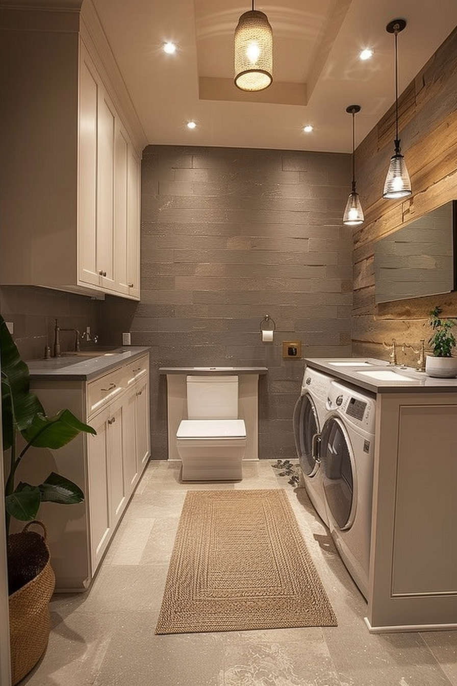 Modern bathroom with laundry area, featuring washing machines, a toilet, and warm lighting.