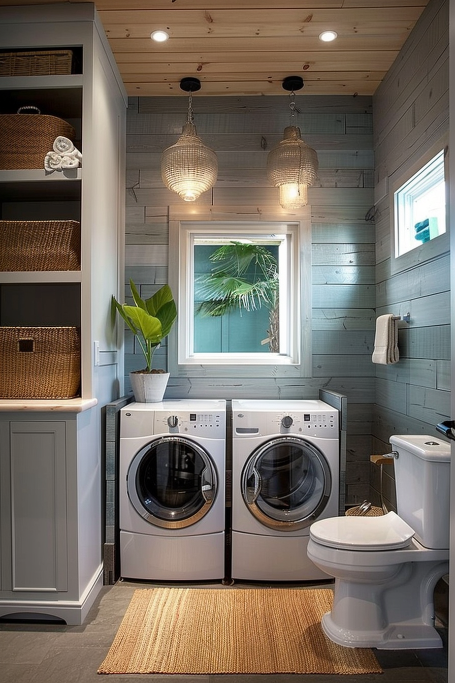 Modern laundry room with wooden panel walls, front-loading washer and dryer, wicker baskets, pendant lights, and a small window.