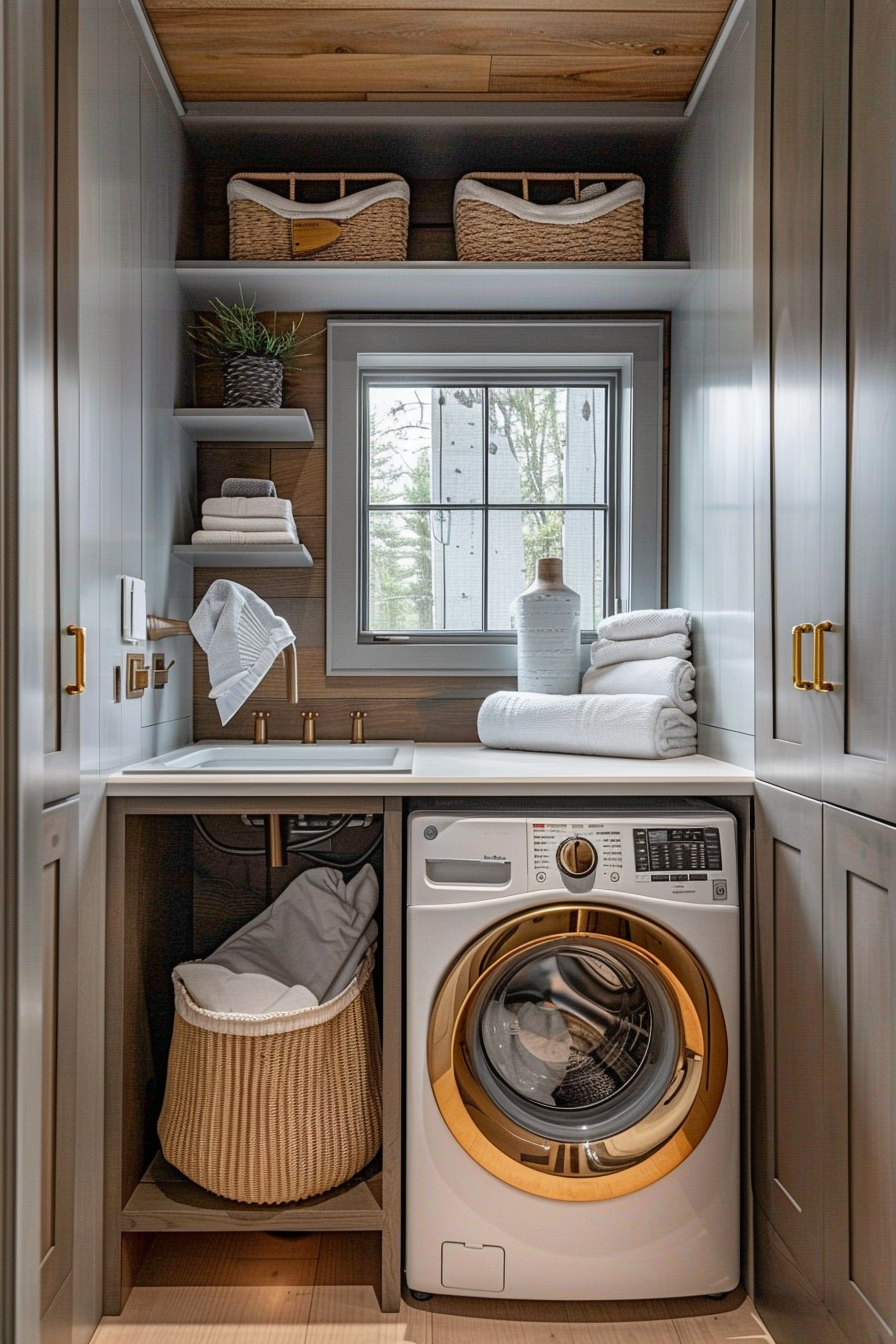 A modern laundry room with a washer, sink, wooden shelves with baskets, towels, and a window with a view of trees.