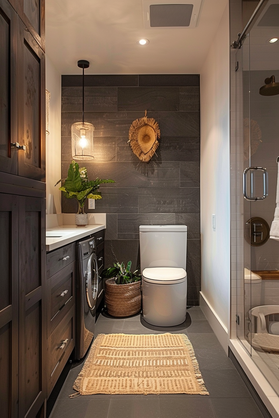 Modern bathroom with dark tiles, wooden vanity, pendant light, and a walk-in shower.