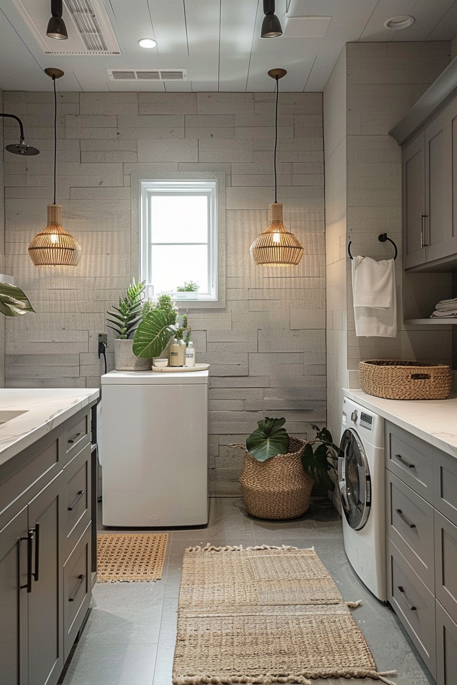 Modern laundry room with gray cabinets, white appliances, and natural fiber rugs under warm pendant lighting.