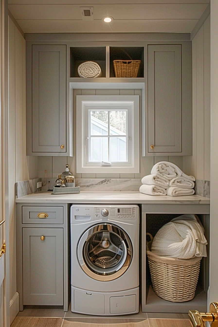 Elegant laundry room with a front-loading washer, built-in cabinets, marble countertop, and a window with a garden view.