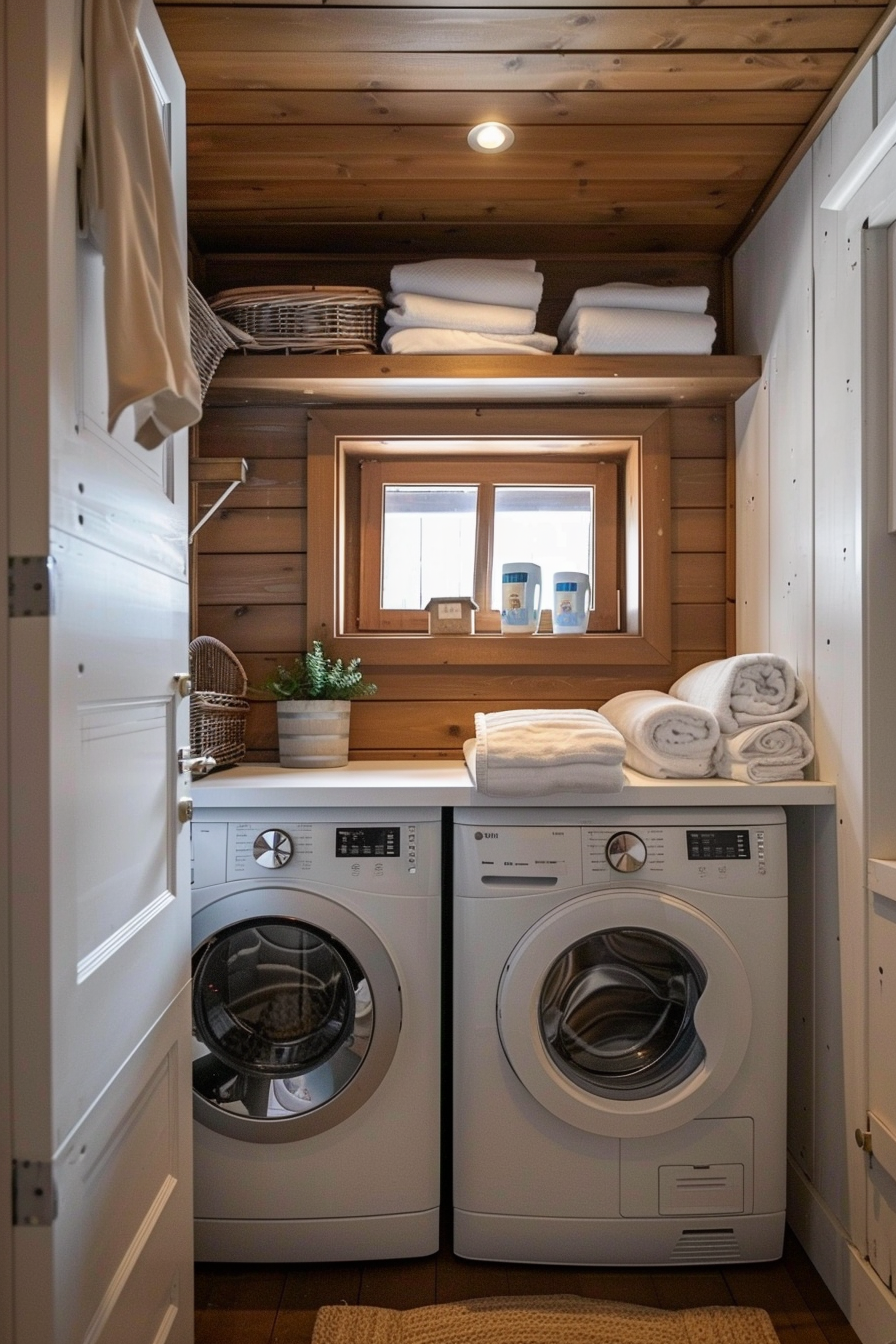 Cozy laundry room with wood paneling, stacked washer and dryer, shelves with towels, and a window.