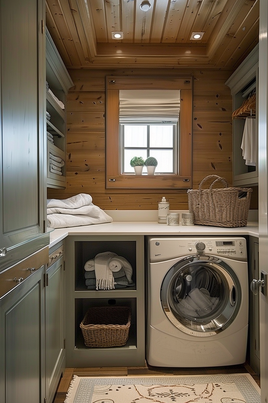 Cozy laundry nook with wooden walls and ceiling, washer, shelving with linens, and a woven basket on the counter.