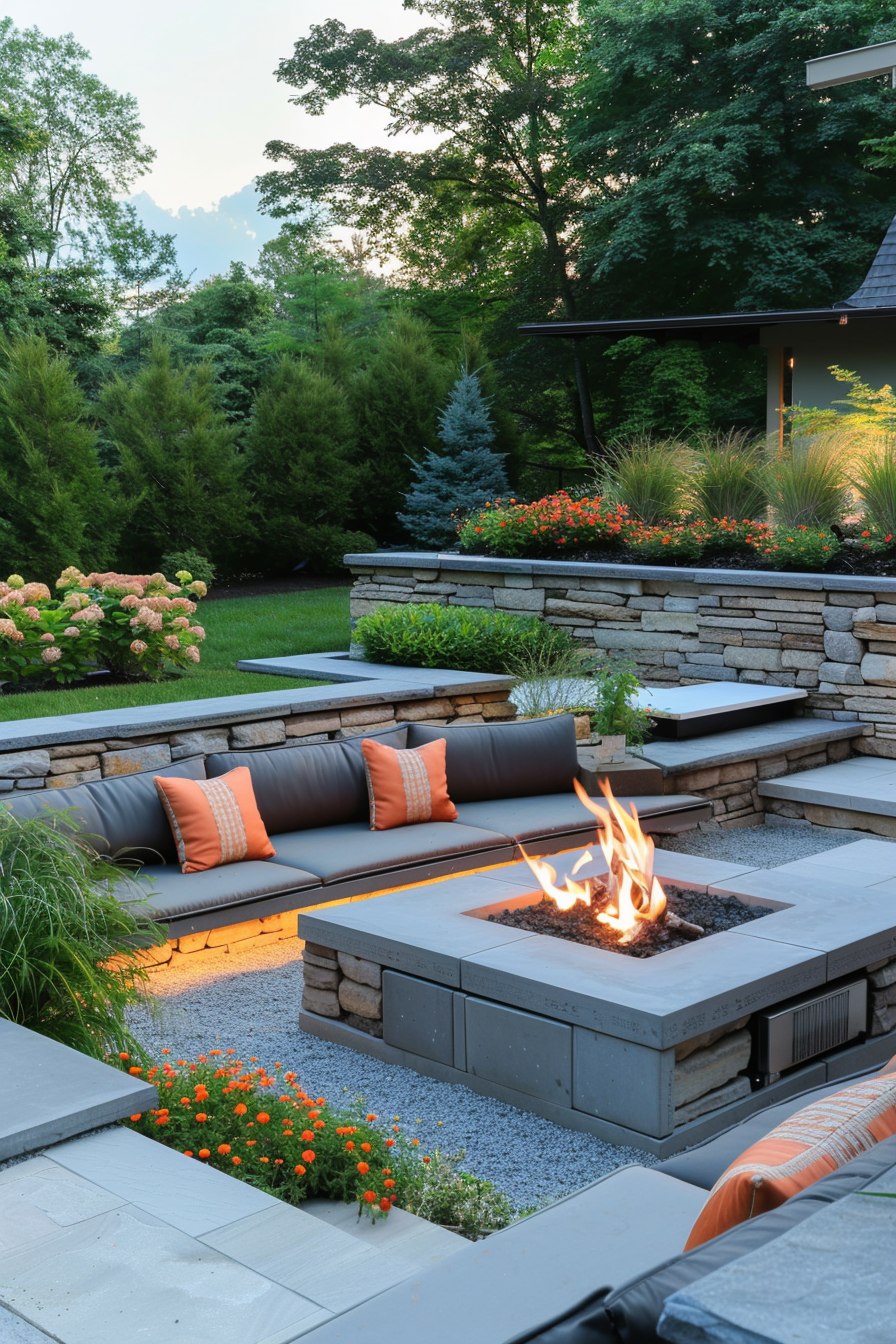 An elegant outdoor fire pit surrounded by modern seating and lush garden at dusk.