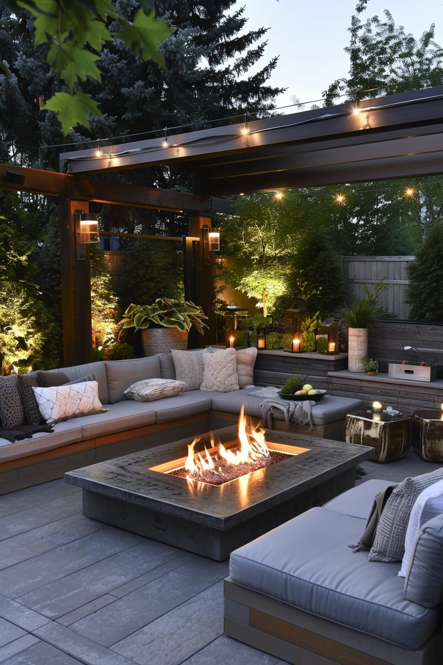 A cozy outdoor seating area with sofas around a fire pit, string lights above, and lush greenery in the background.