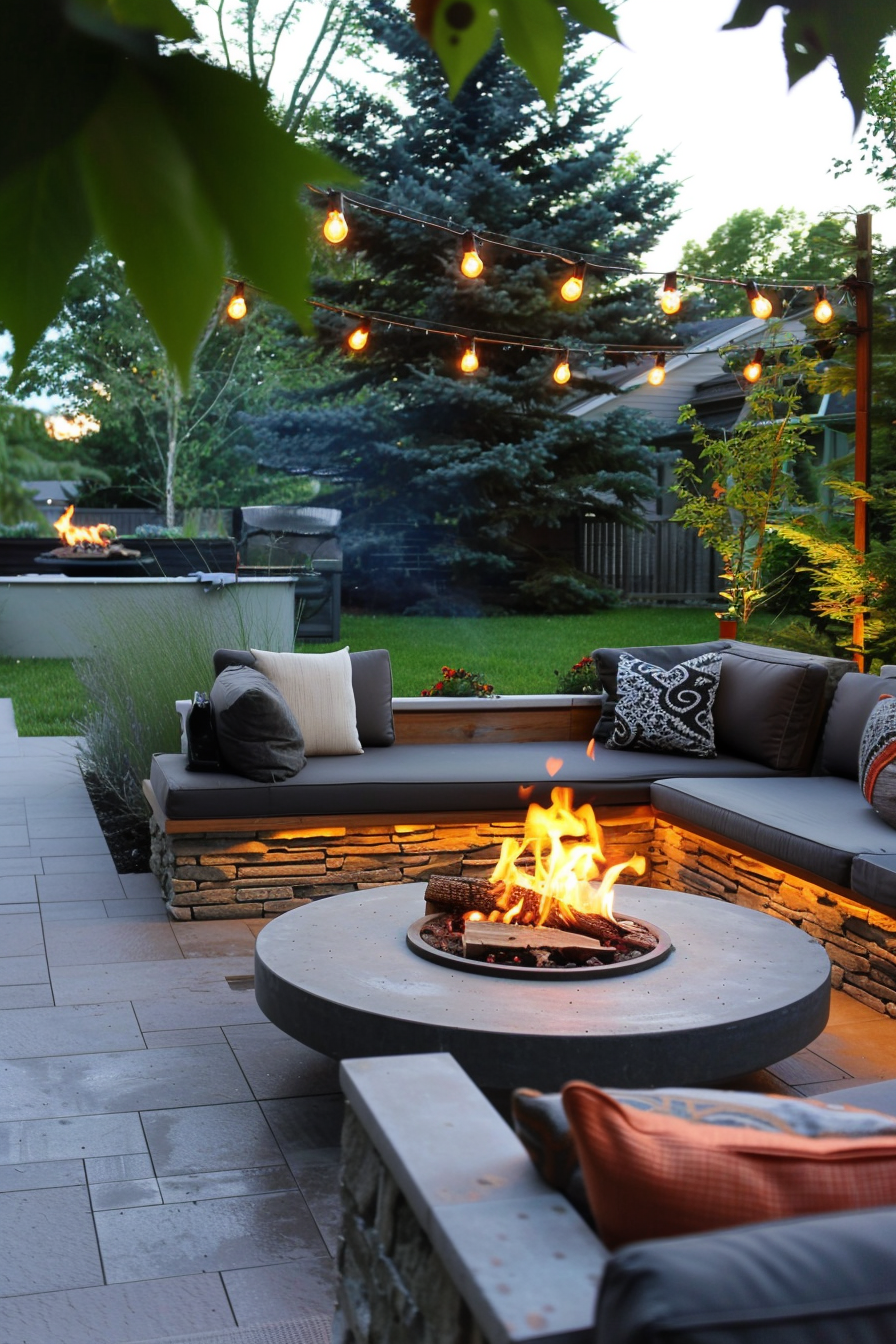 Cozy outdoor patio with a fire pit, string lights, and seating area amidst lush greenery at dusk.