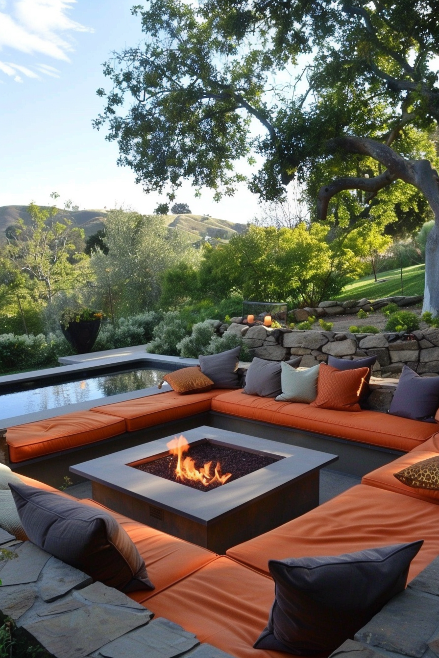 An outdoor seating area with orange cushions, a central fire pit, surrounded by greenery, with hills in the background.