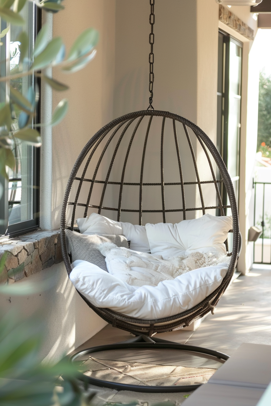 A cozy round hanging chair with cushions on a sunny patio.