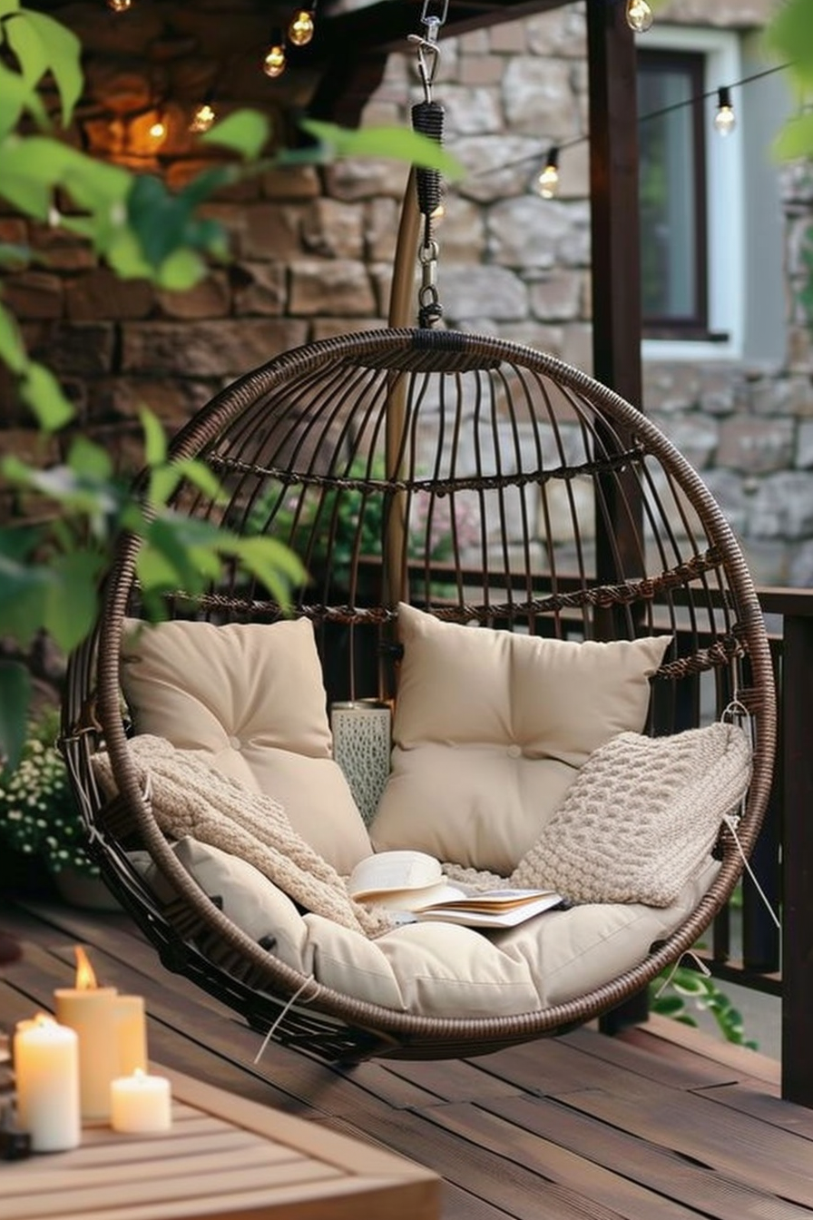 A cozy round hanging chair with cushions, a knitted blanket, a cup and book, on a deck adorned with candles and string lights.