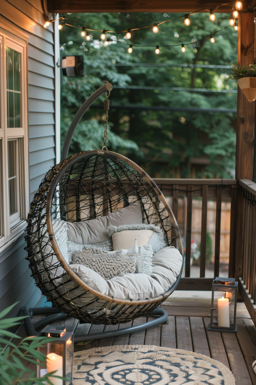 Cozy hanging chair with cushions on a porch, surrounded by string lights, plants, and a candle for a serene evening setting.