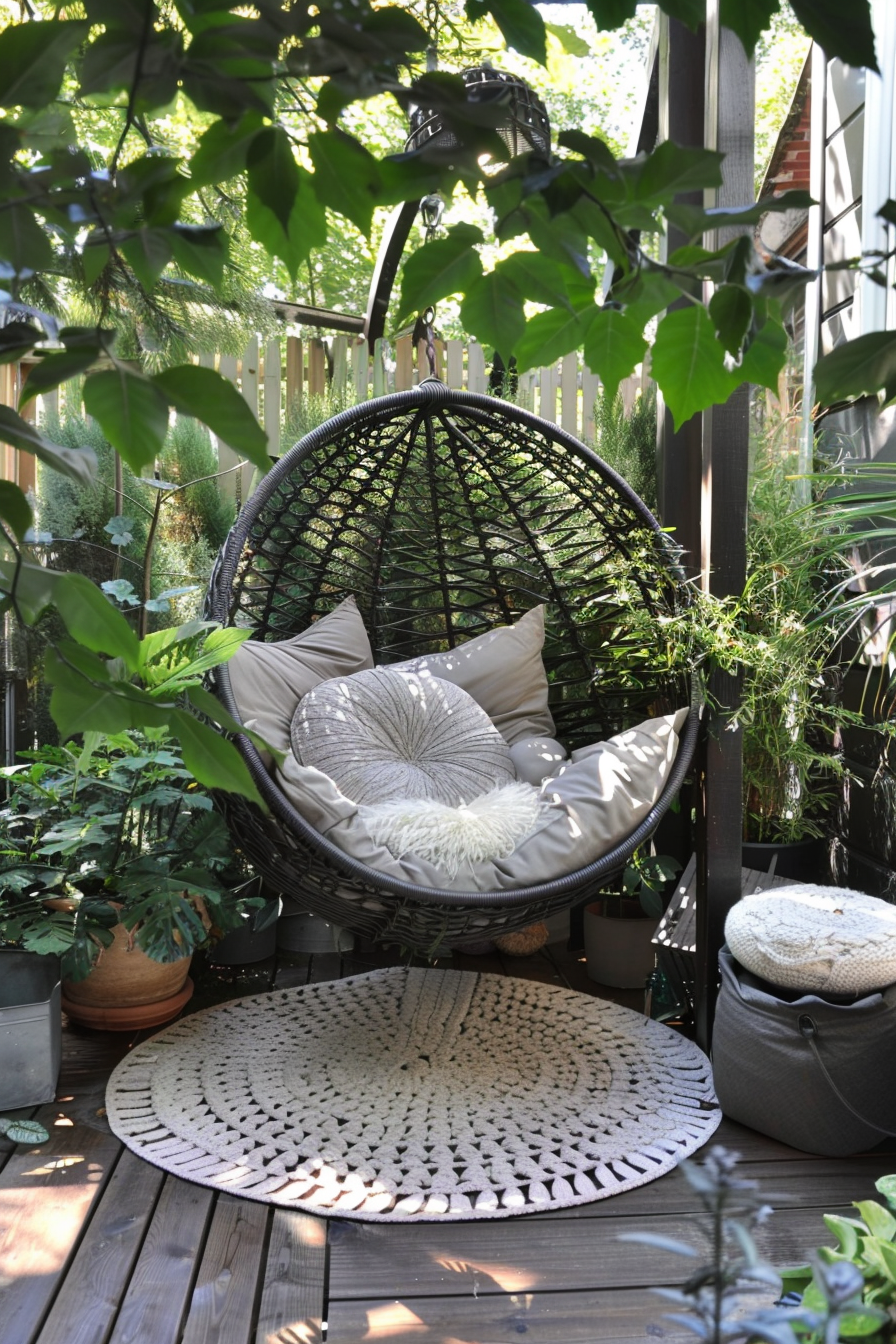 A cozy garden nook featuring a hanging egg chair with cushions, surrounded by lush greenery and potted plants.