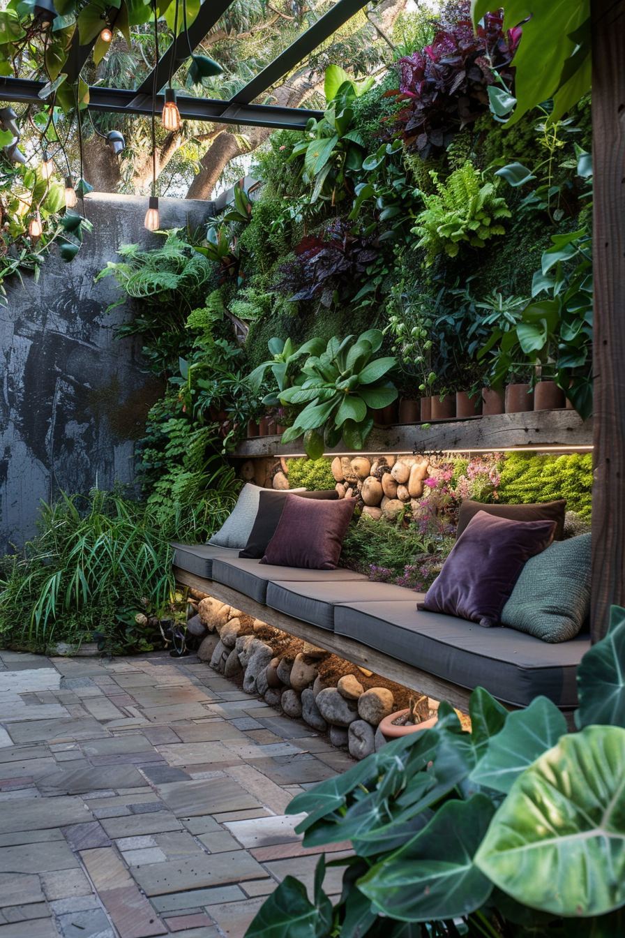 A cozy outdoor seating area with lush vertical garden walls, wooden bench with cushions, hanging lights, and stone pathway.