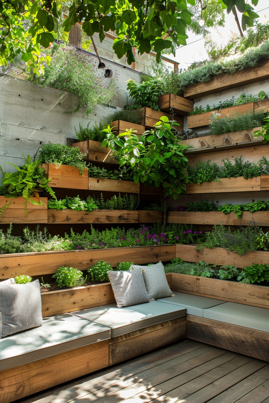 Cozy garden corner with wooden benches and a vertical garden full of greenery and flowers on a sunny day.