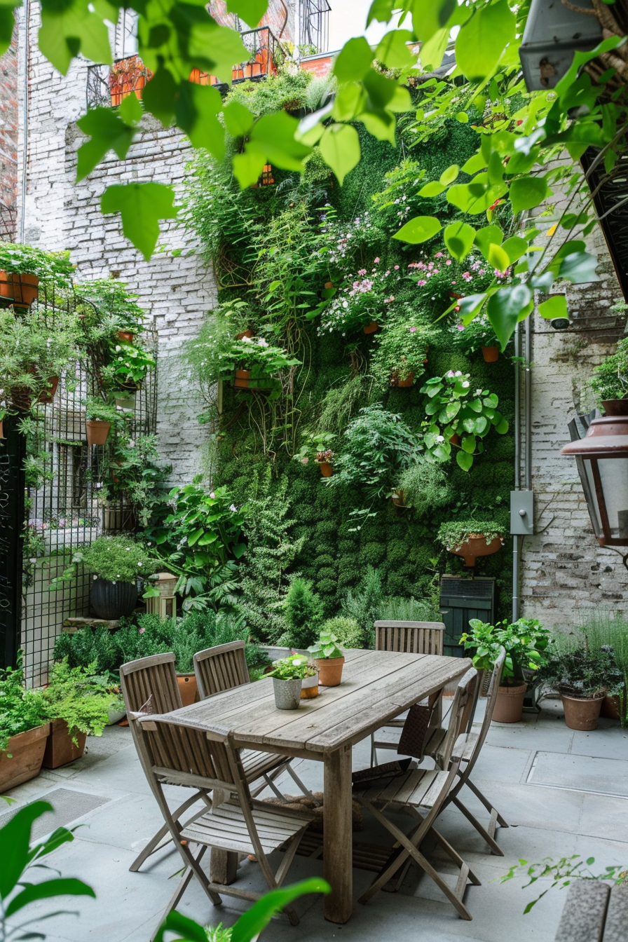 Alt-text: Cozy urban garden patio with lush greenery, wooden dining furniture, and a vertical wall garden against a white brick backdrop.