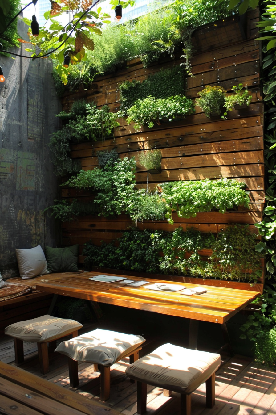 Outdoor seating area with wooden benches, a table, and a vertical garden on a sunny day.