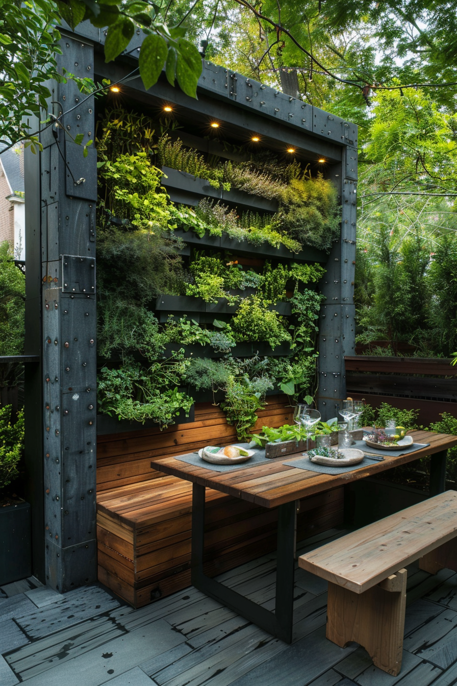 ALT: An outdoor dining area with a wooden table and bench, next to a vertical garden with lush greenery and integrated lighting.