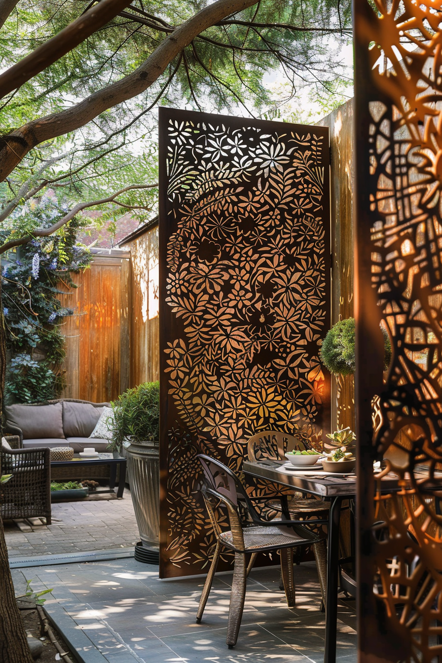 ALT text: A cozy outdoor patio with intricate metal screens decorated with floral patterns, surrounded by lush greenery and comfortable seating.