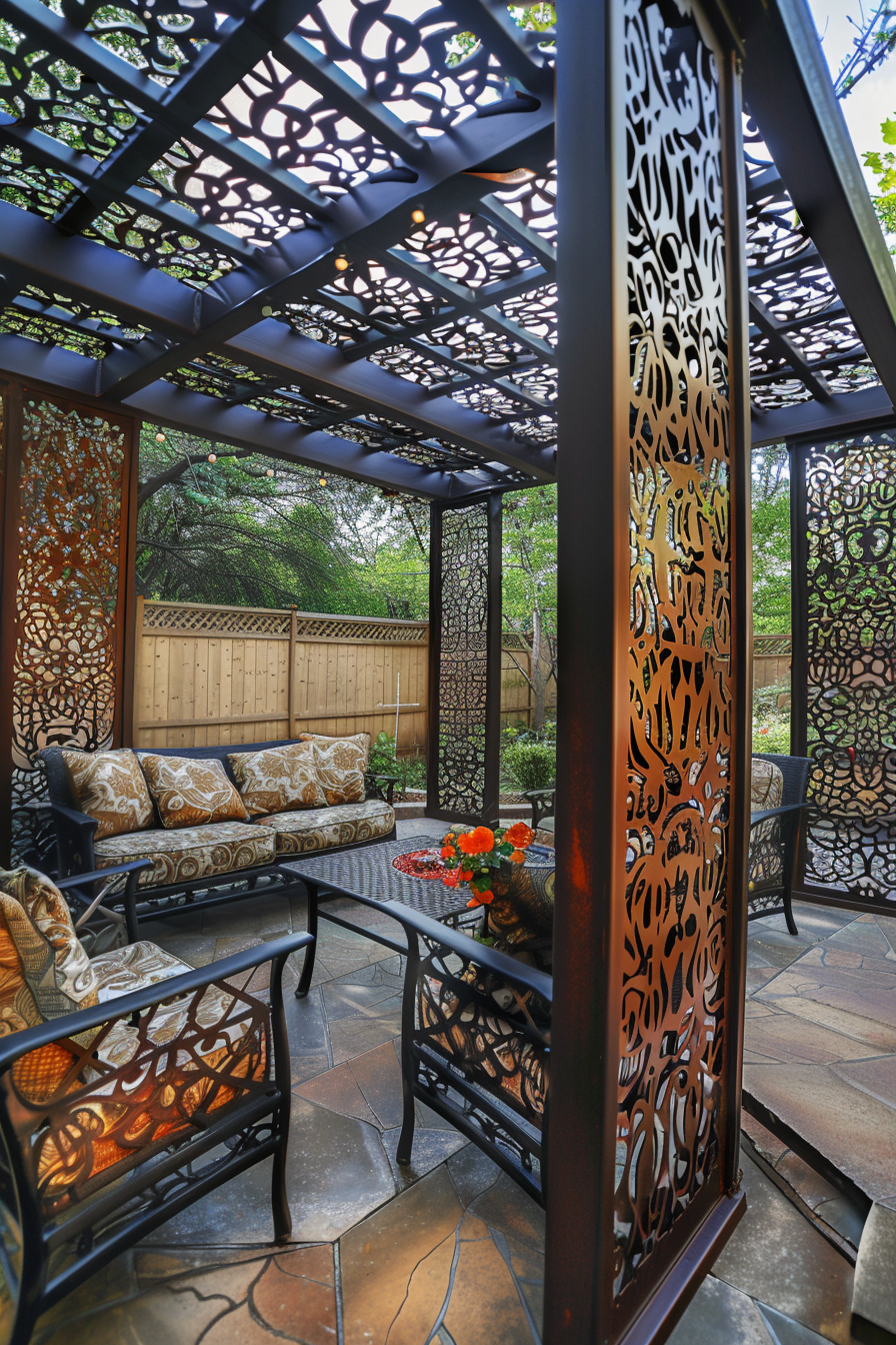 Elegant outdoor patio area with ornate metalwork panels, a sofa with patterned cushions, and a table with bright orange flowers.