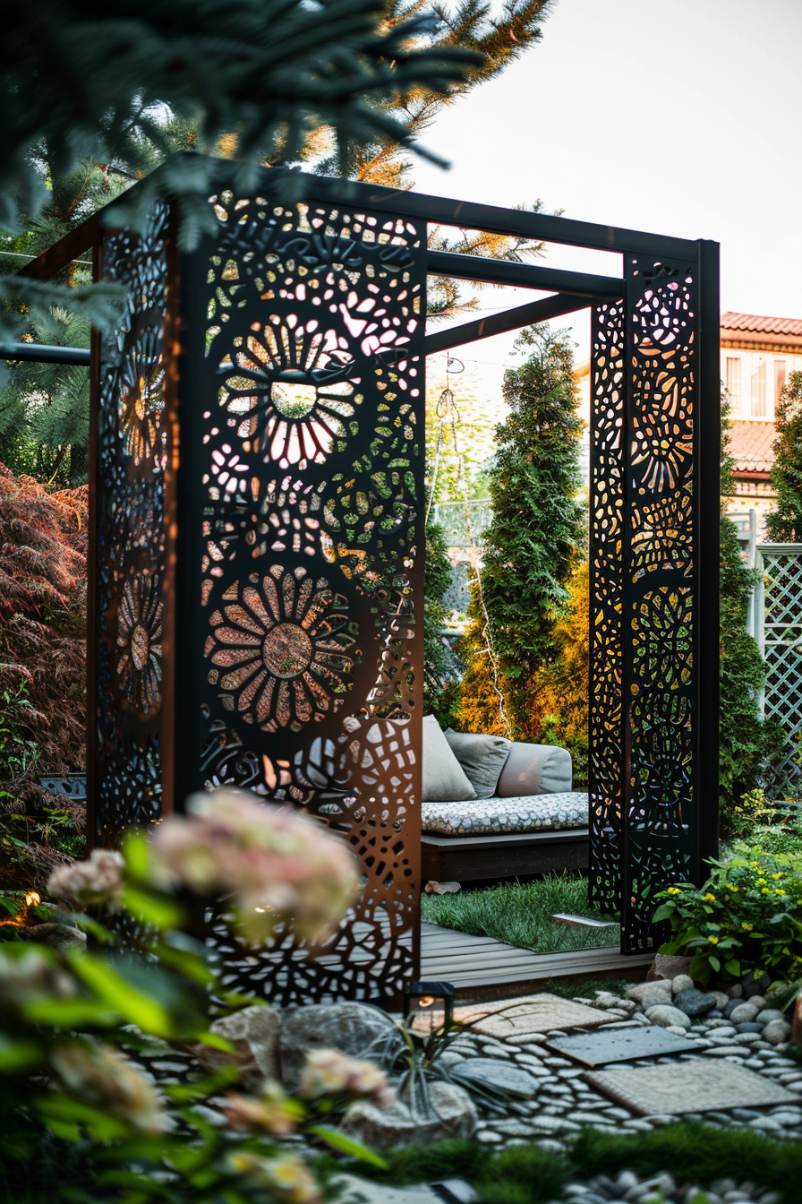 An ornate garden pergola with intricate cut-out patterns and a cozy bench inside, surrounded by lush greenery and stones.