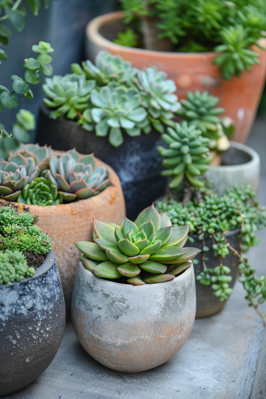 A variety of succulent plants arranged in textured pots on a concrete surface.
