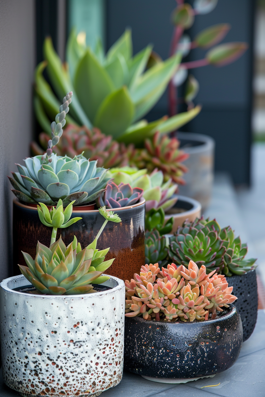 A collection of succulent plants in various patterned pots arranged on a shelf.