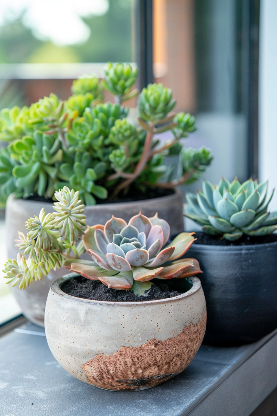 Three different succulent plants in stylish pots on a windowsill, with soft natural light in the background.