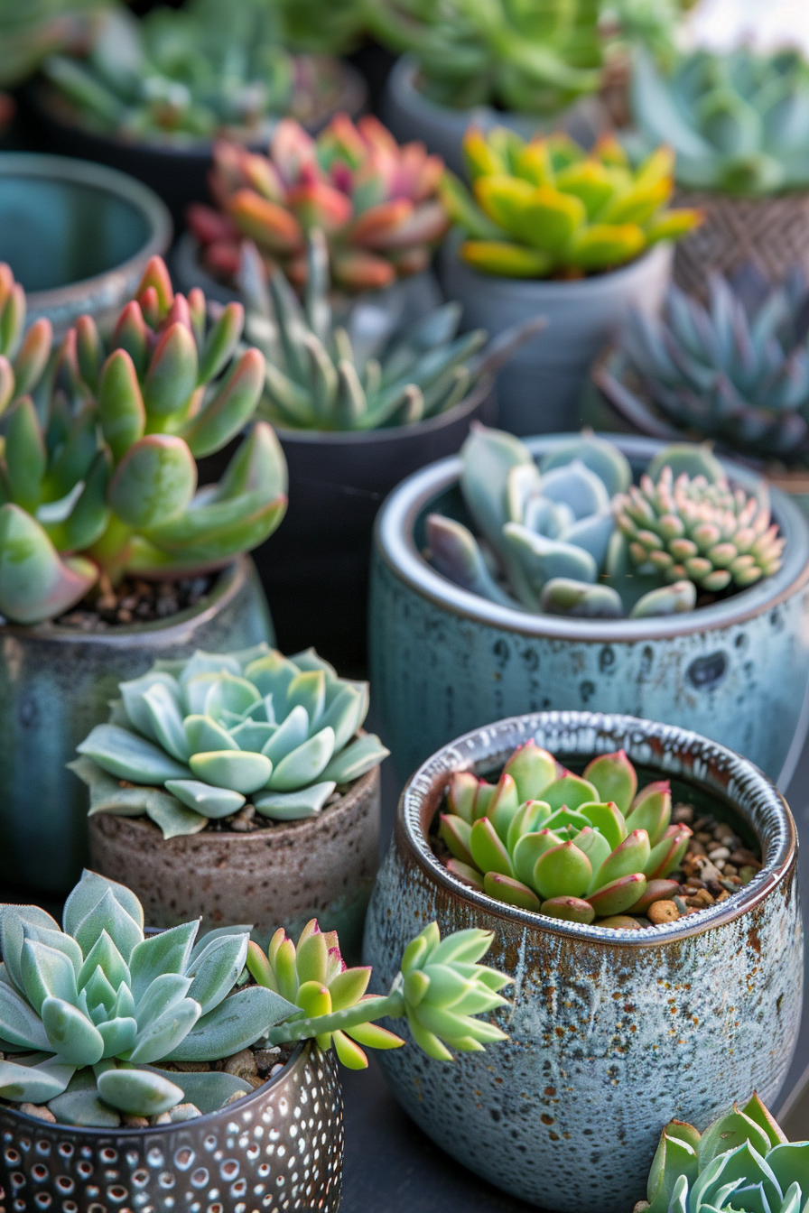 A collection of various succulent plants in decorative pots with a focus on texture and color details.