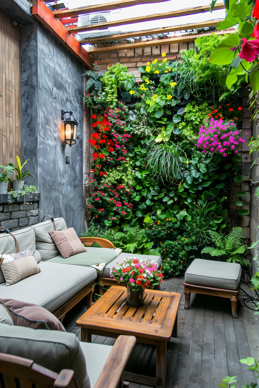 Cozy patio area with lush vertical garden, comfortable seating, wooden table, and a vintage wall lantern.